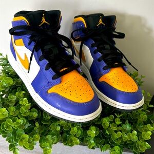 Air Jordan 1 Mid (GS) Boys Sneakers Size 6Y Purple, Gold, White, Black 💛💜🖤🤍